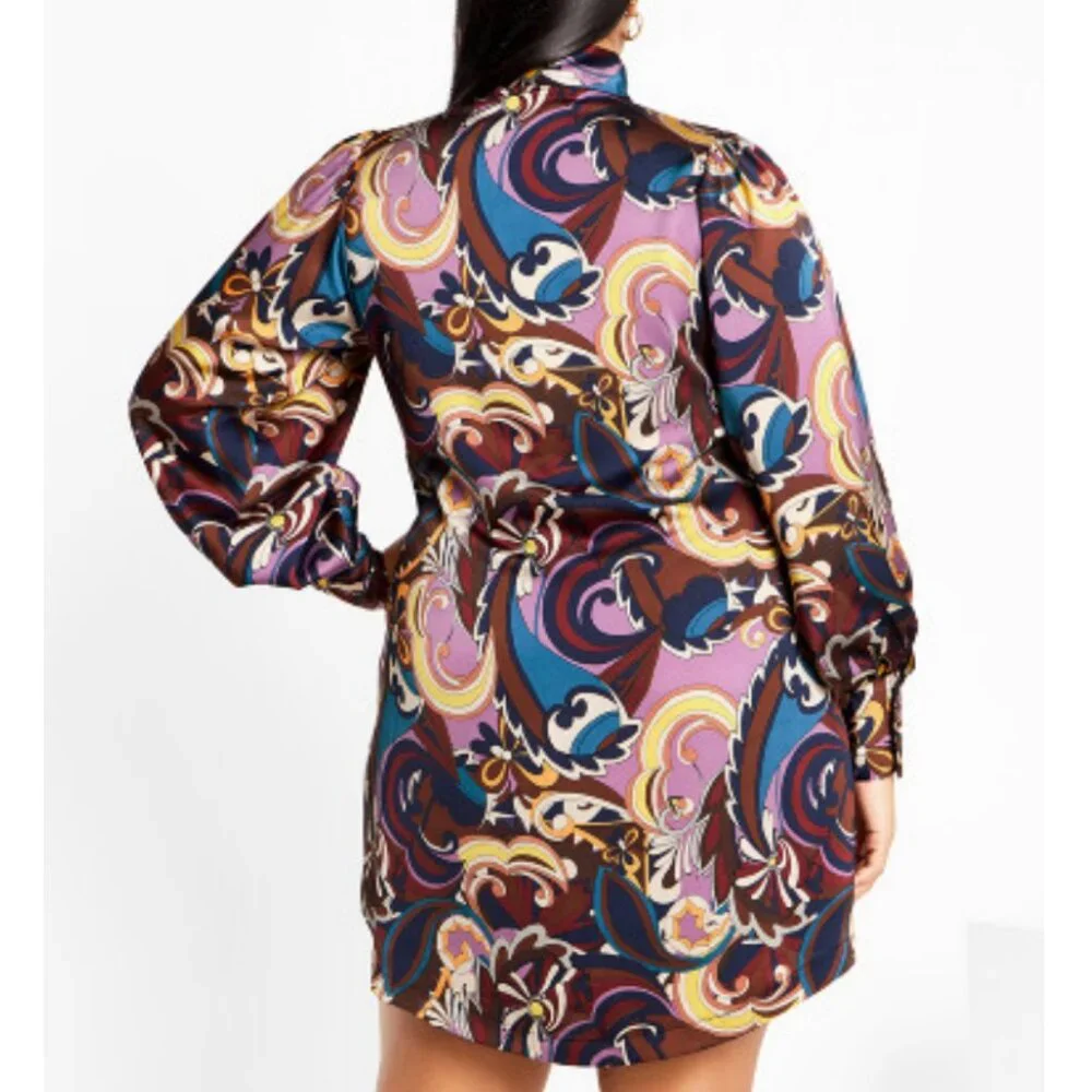 NWT City Chic Retro Long Sleeve Tie Neck Shirt Dress 20